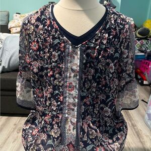 Roz & Ali Navy and Pink Floral Two Piece Blouse and Tank